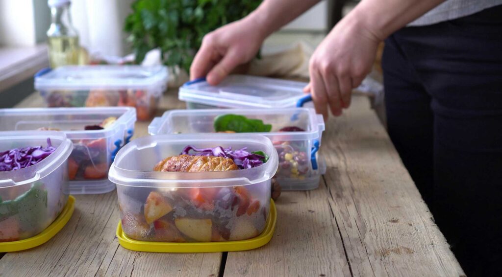 Meal prep containers with food in them